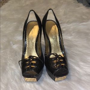 Brown Patent Bebe Platform Pumps LIKE NEW